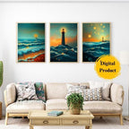 Lighthouse Coastal Art Prints: Mystical Ocean Set of 3 (Digital Download)