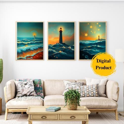 Lighthouse Coastal Art Prints: Mystical Ocean Set of 3 (Digital Download)